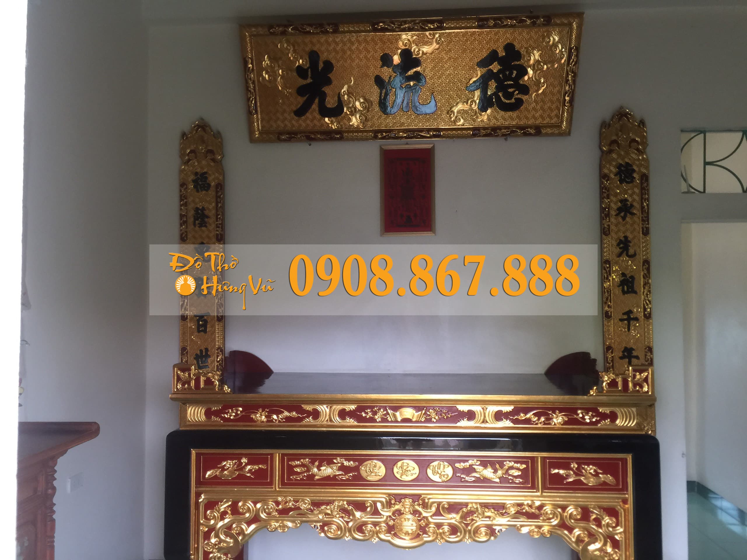 Bàn Thờ Án Gian Ngũ Phúc , Hoành Phi Câu Đối Sơn Son Thếp Vàng - Đồ Thờ - Tượng Phật - Bàn Thờ Đẹp - Hoành Phi Câu Đối - Cửa Võng